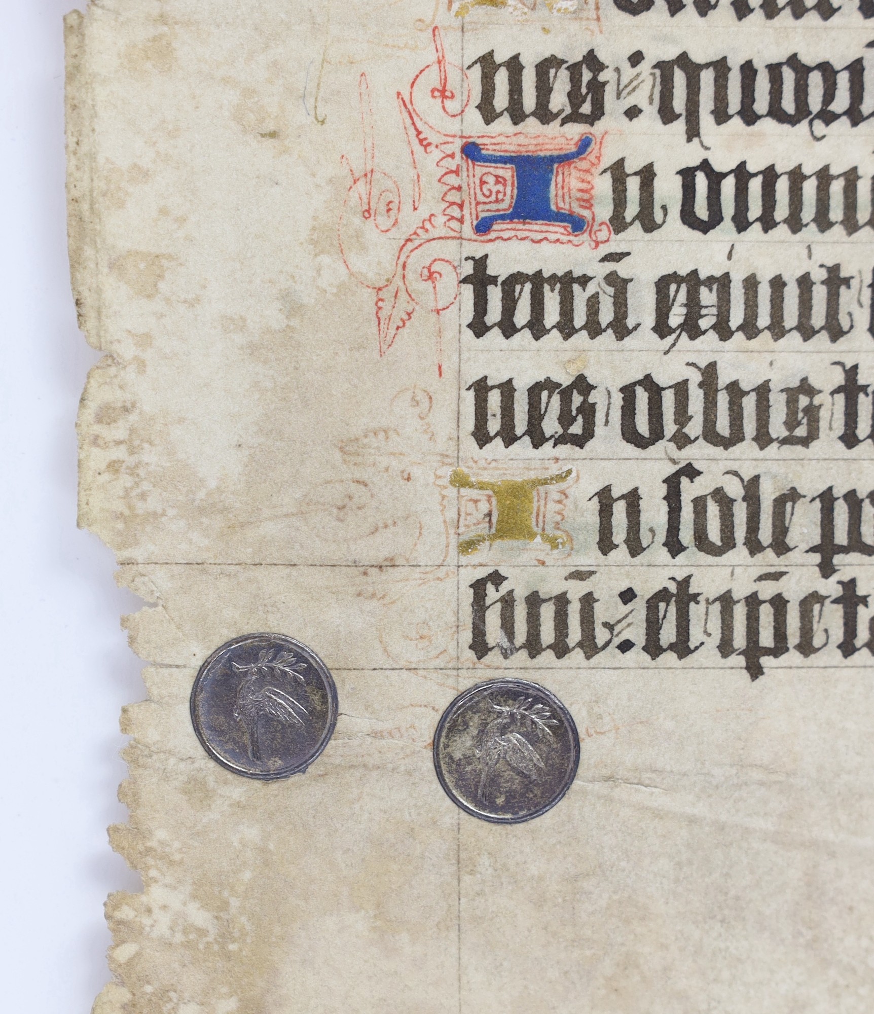 Manuscript leaf from a book of hours illuminated in blue, red, rose, green and gilt; perhaps English, third quarter of the 14th century